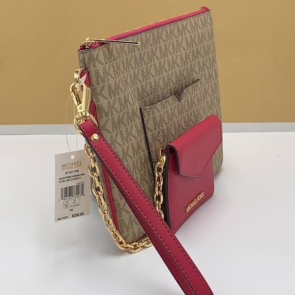Michael Kors Jet Set LG 2 in 1 card case wristlet Wallet CARMINE PINK SIGNATURE - Picture 10 of 15
